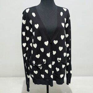 Black Heart Print Button-Front Cardigan Sweater